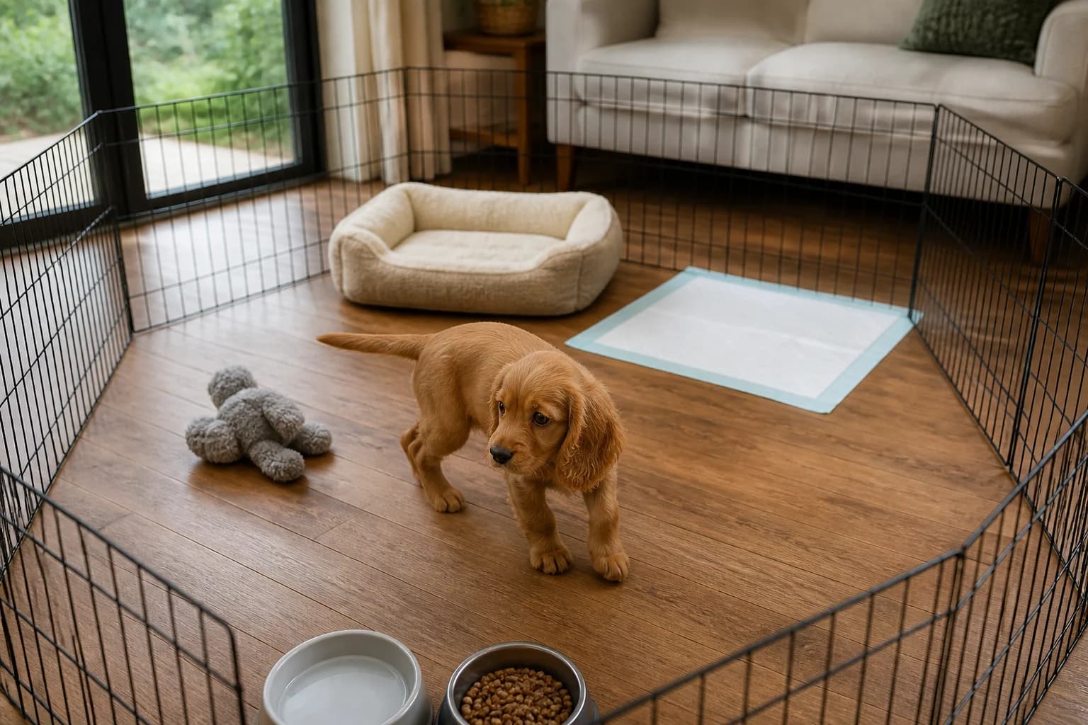 Cocker Spaniel puppy exploring a measured puppy-safe pen in a living room