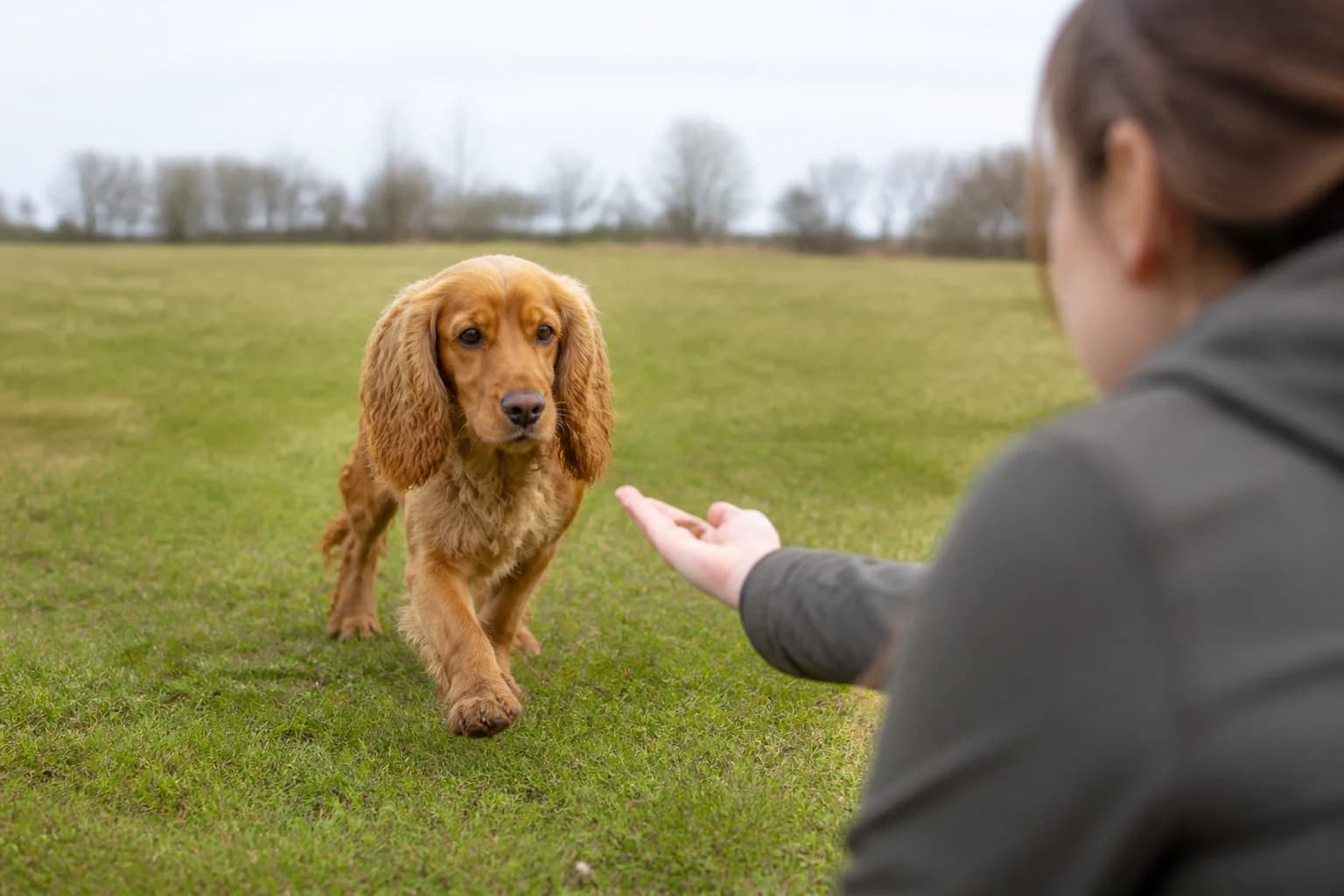 Young Cocker Spaniel practicing a calm recall with a reward outdoors