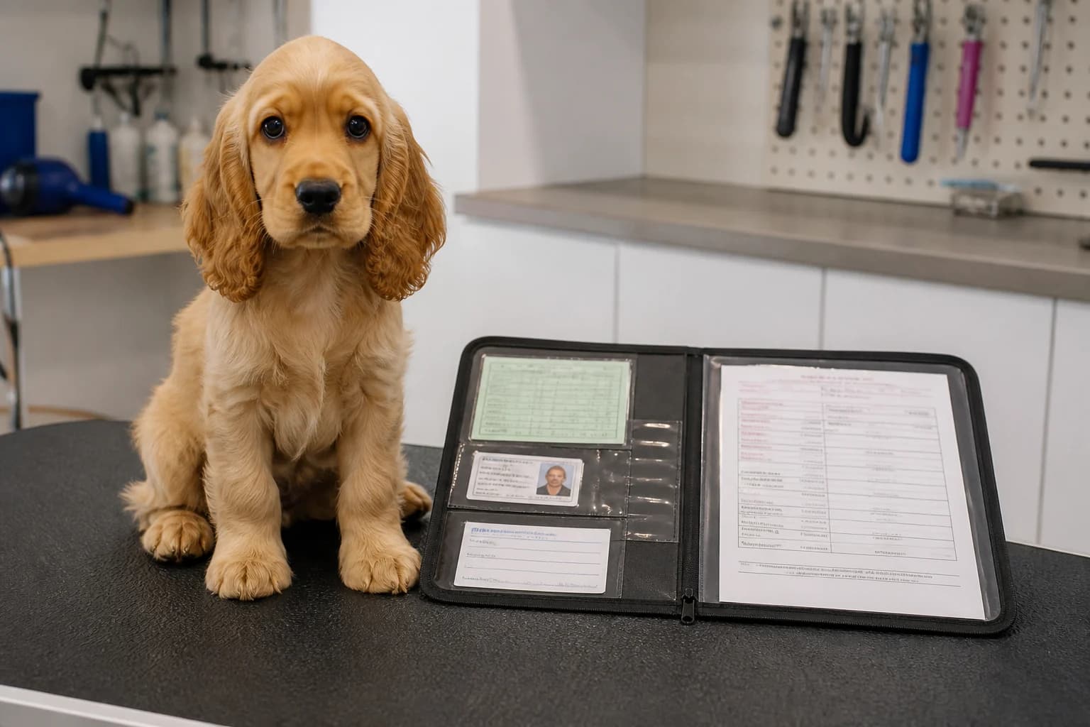 Healthy Cocker Spaniel puppy sitting naturally beside organized identity and veterinary records with no readable private information
