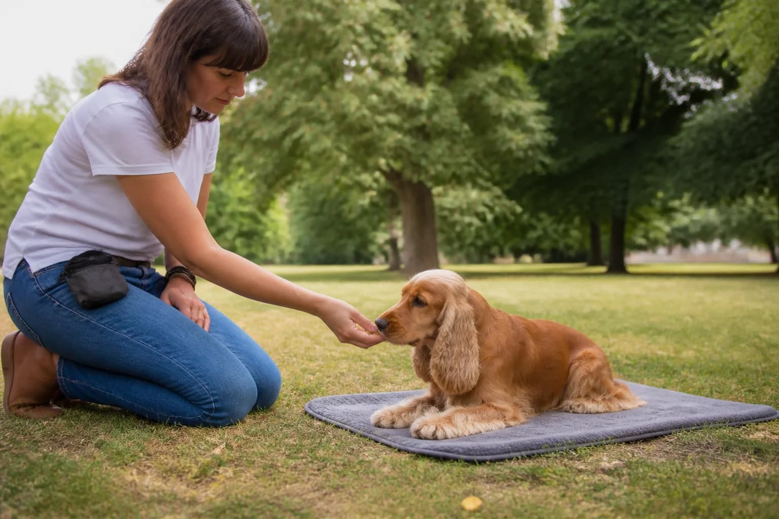 Owner marking and rewarding a Cocker Spaniel for settling on a mat