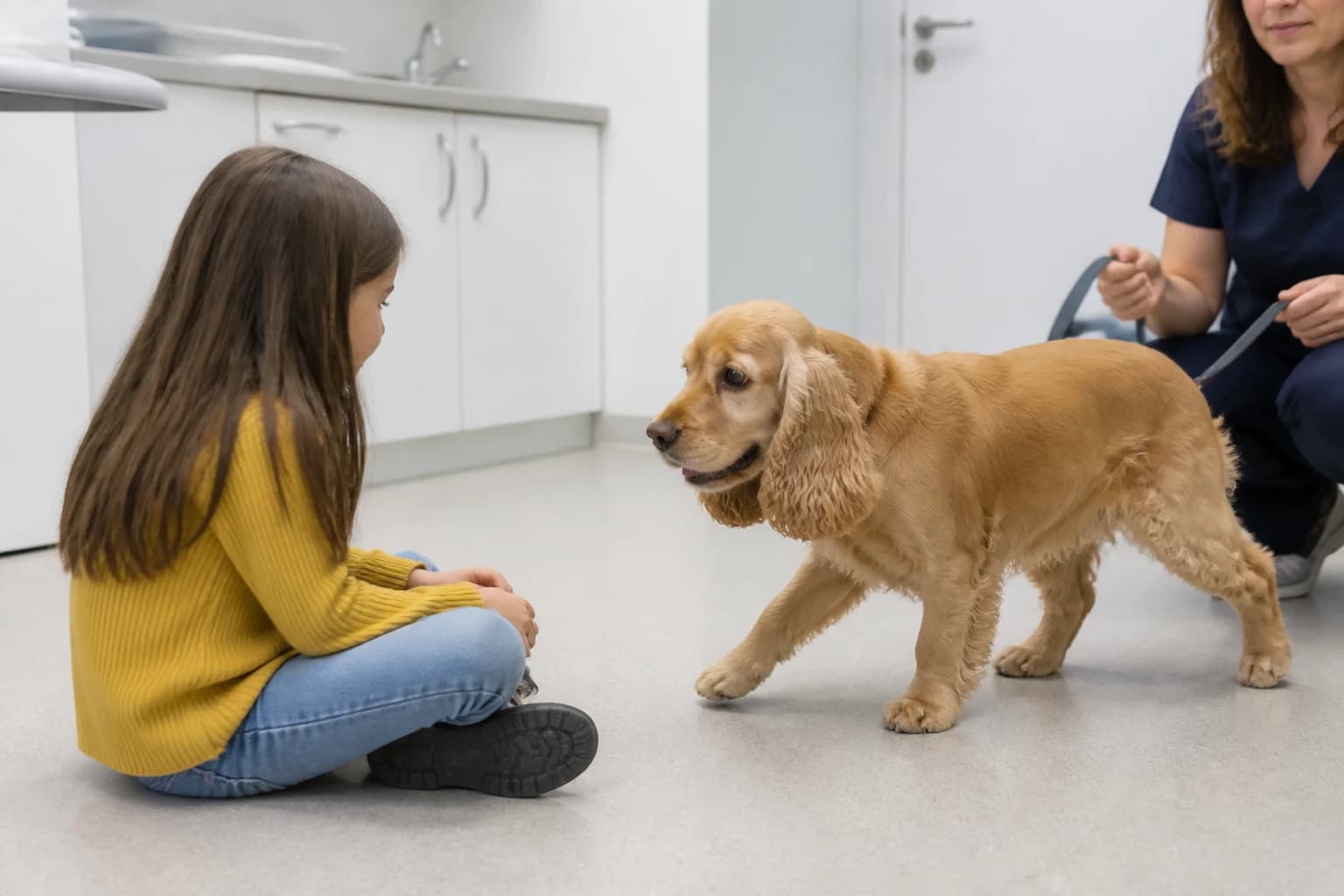 Cocker Spaniel choosing to approach a seated child during supervised calm interaction