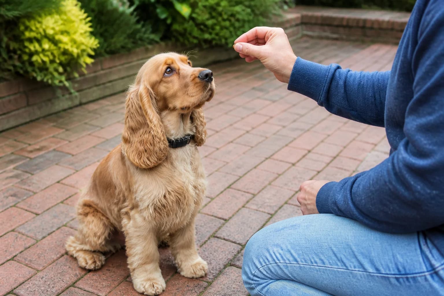Cocker Spaniel focused on an owner during a short reward-based training session in a quiet yard