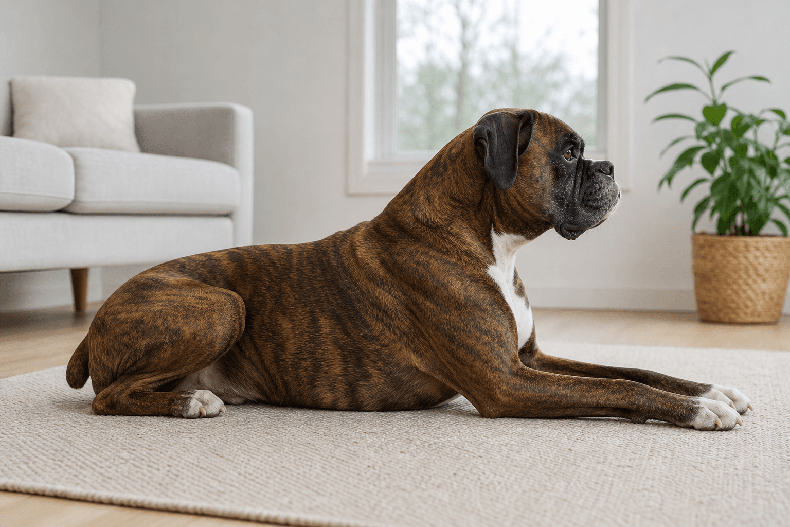 Calm Boxer resting in side profile with the chest and closed mouth visible.