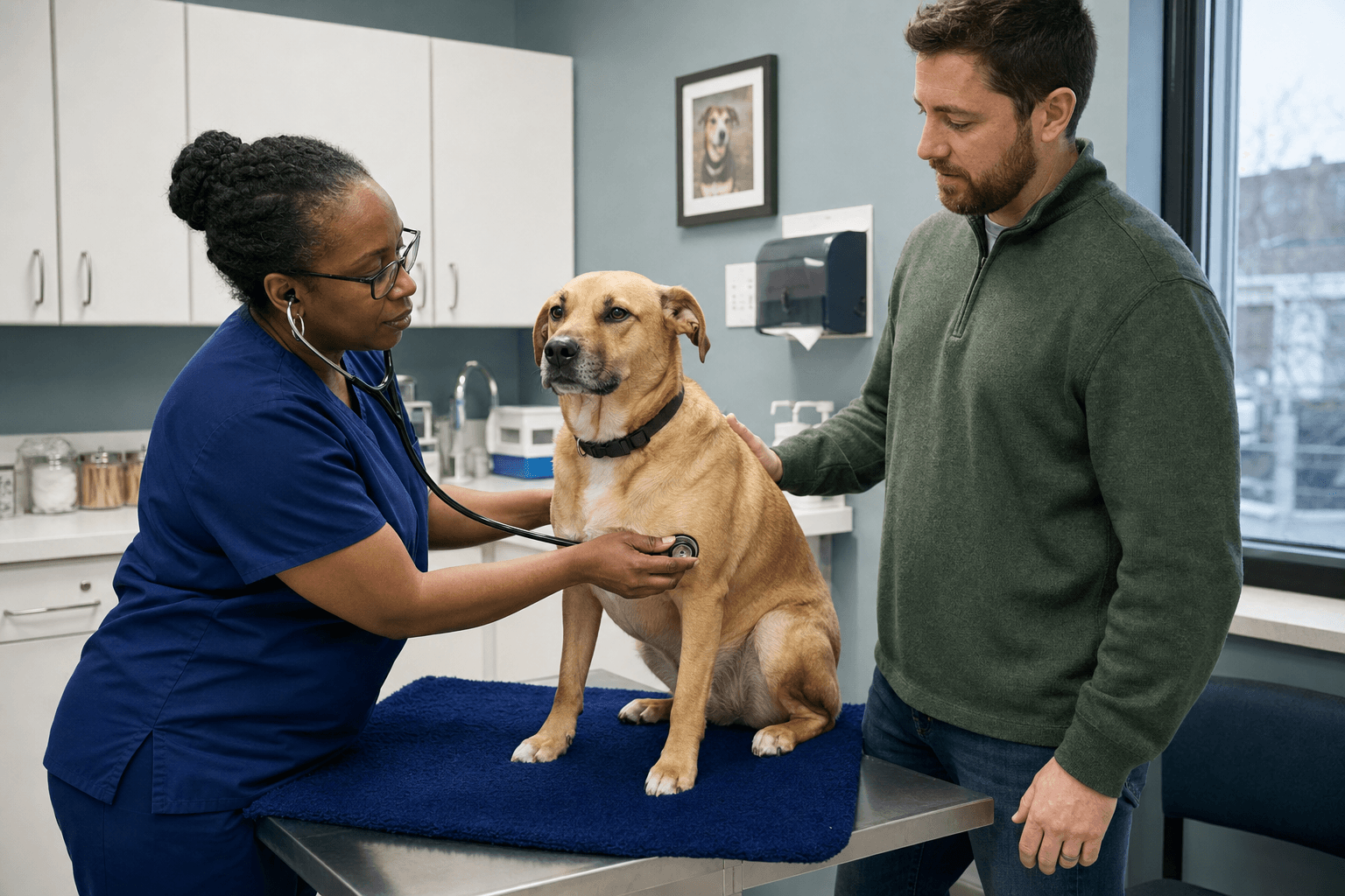 Veterinarian listening to a stable dog’s chest while the owner stands nearby.