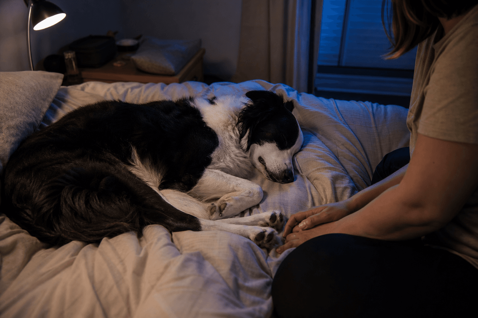 Border Collie sleeping comfortably on a bed in blue and amber nighttime light.
