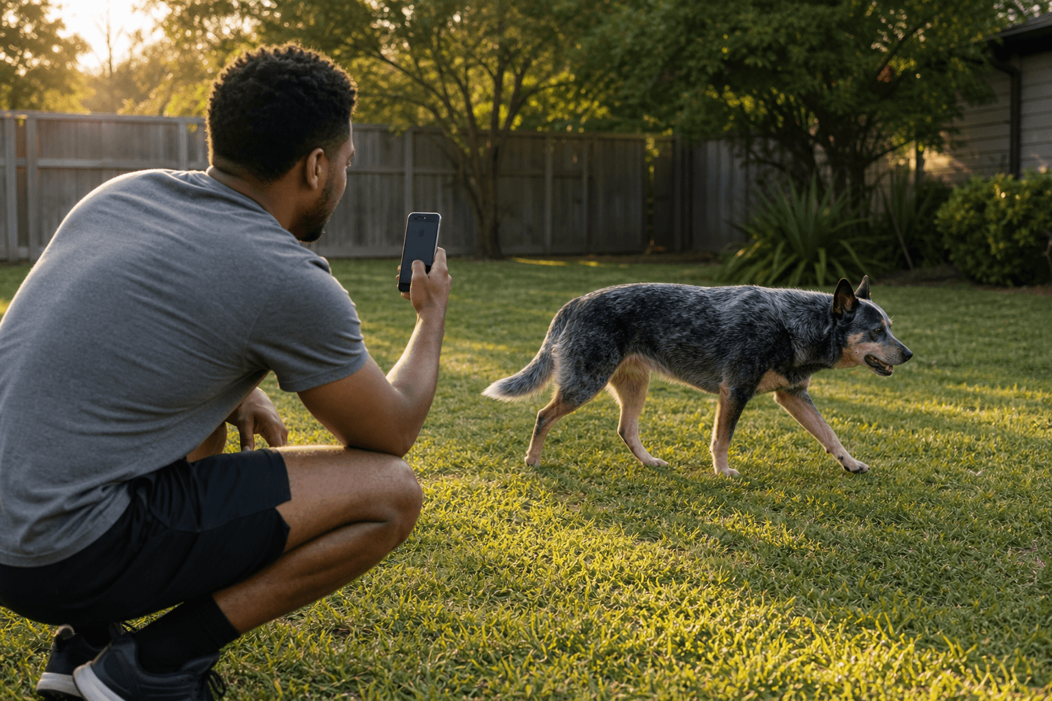 Owner safely recording an older dog's natural walking movement from a clear side view.
