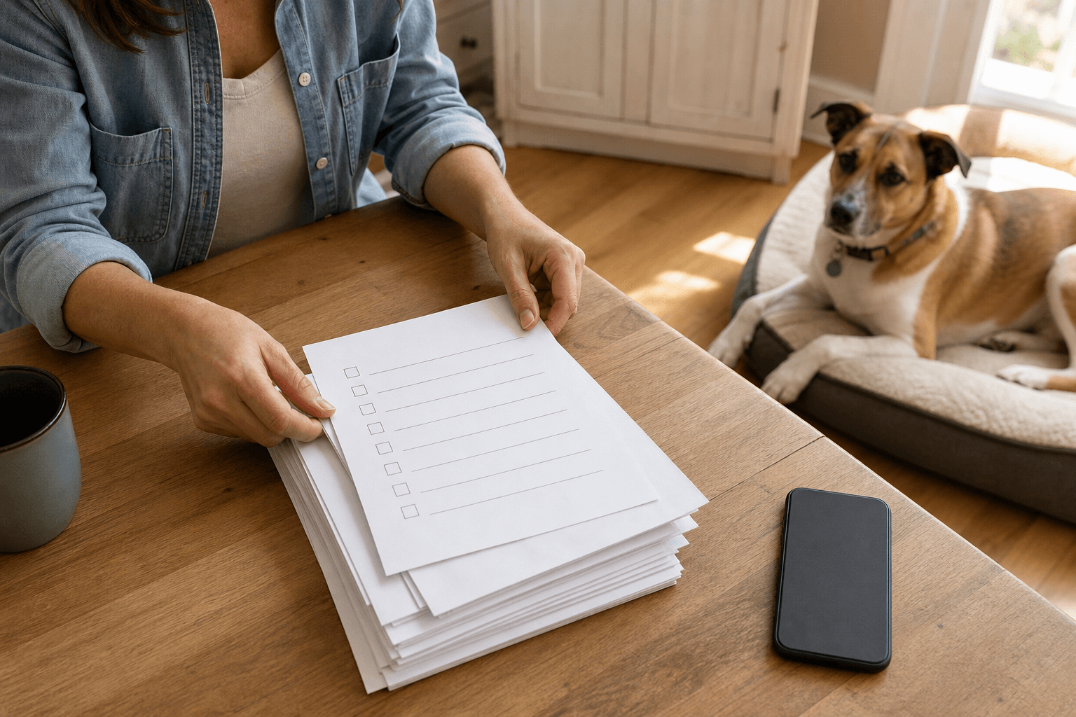 Dog owner placing a blank one-page checklist over a stack of papers while a dog rests nearby.