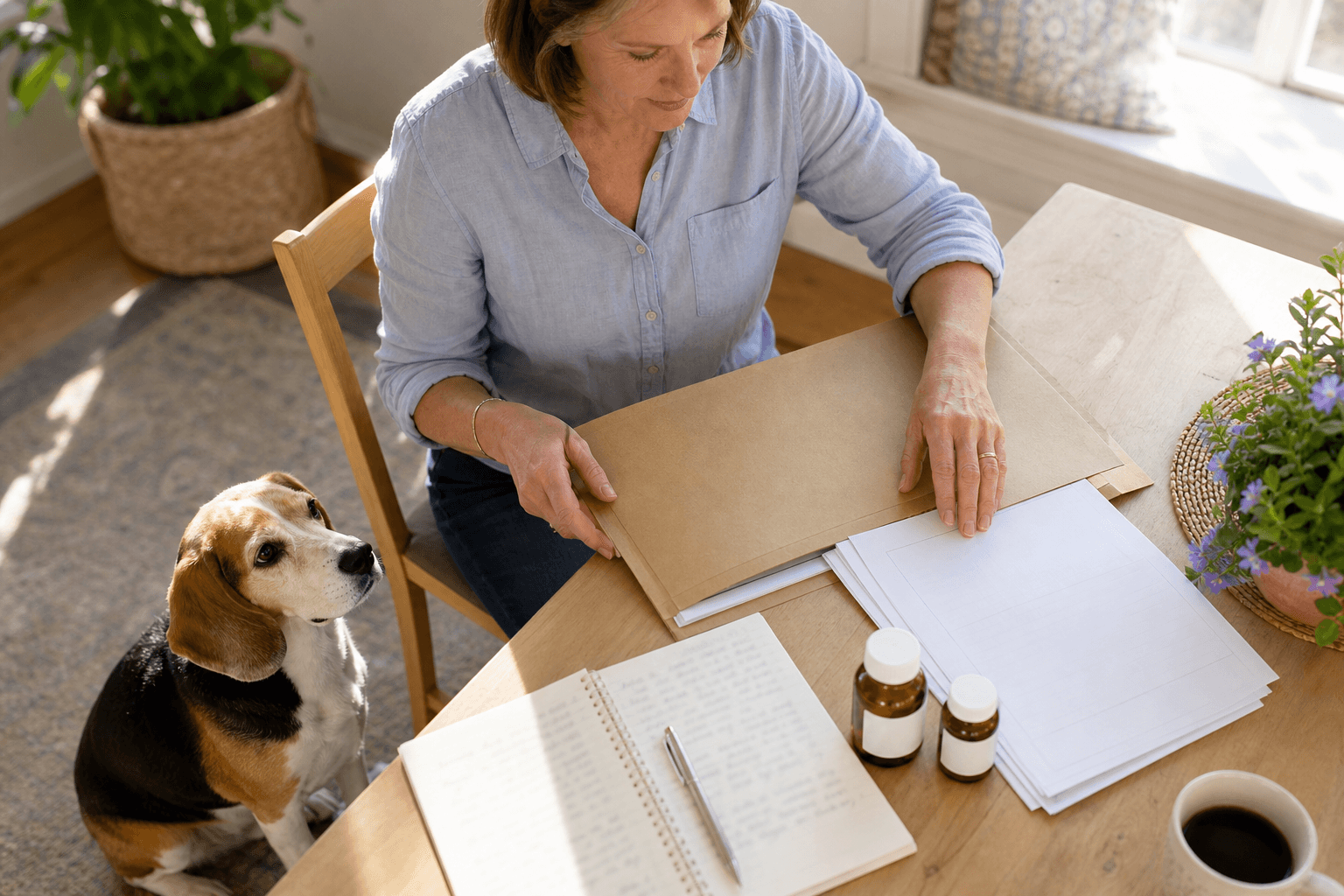 Owner preparing a plain folder, medication bottles, and observation notebook beside a Beagle.