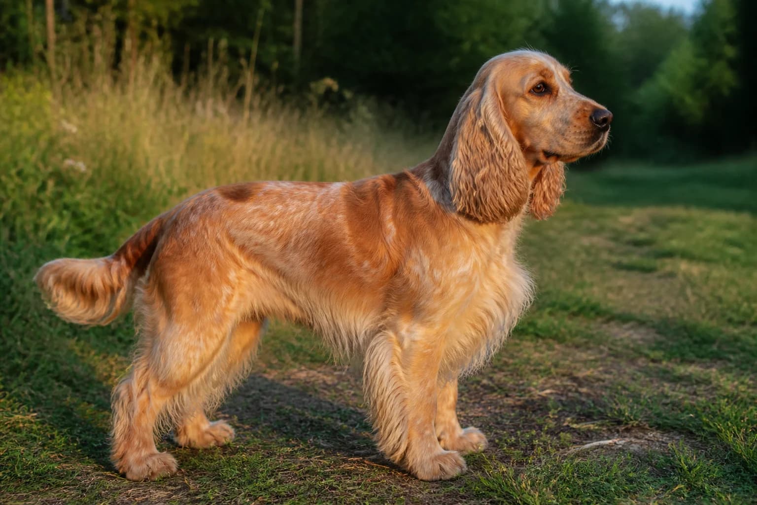 Orange roan English Cocker Spaniel in side profile showing moderate feathering