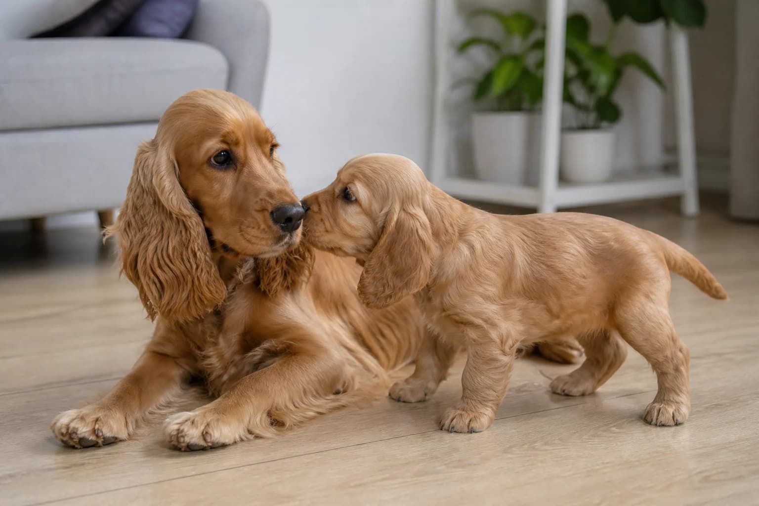 English Cocker Spaniel puppy interacting calmly with its dam in a clean home setting