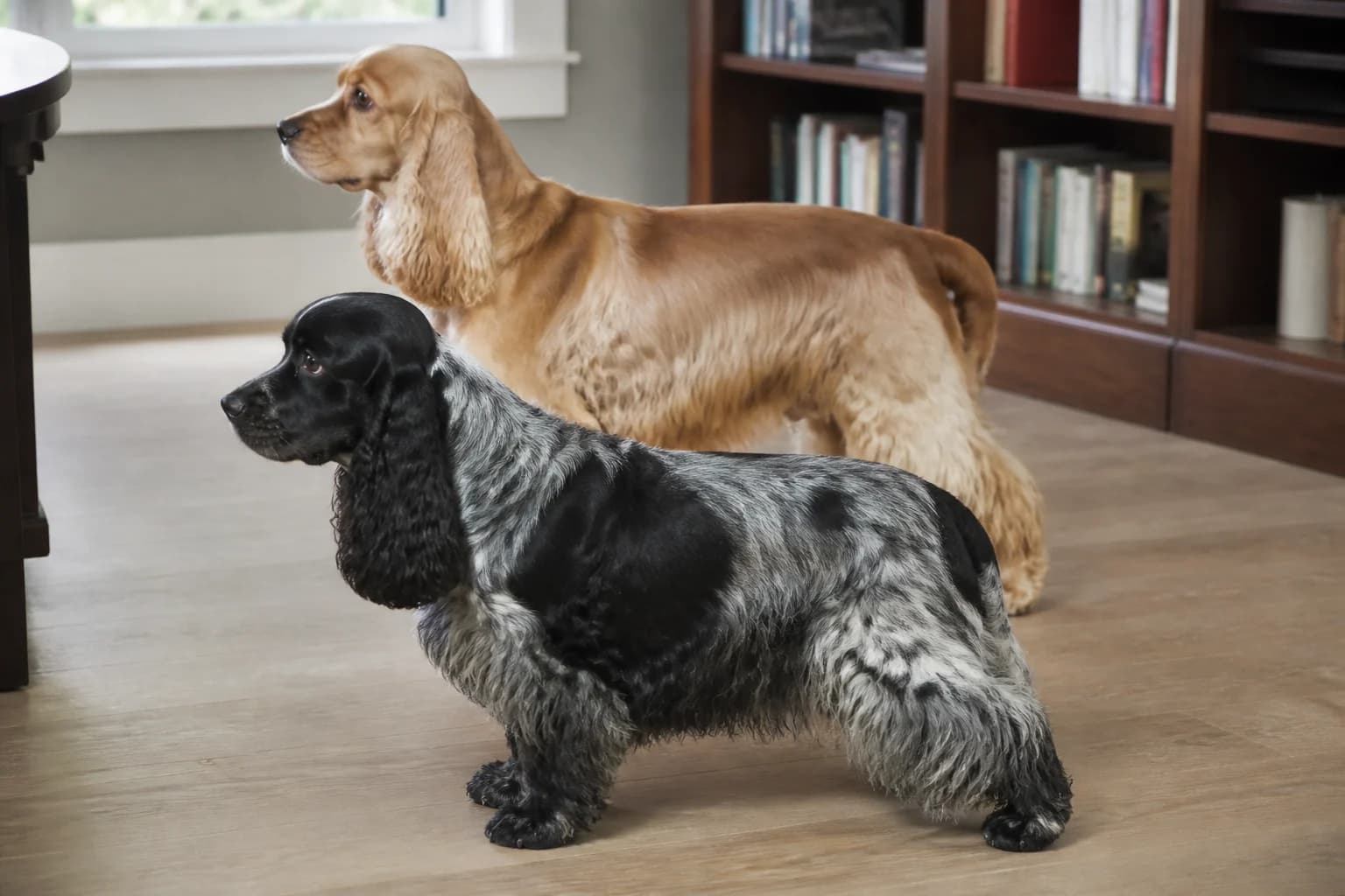 Paired side profiles of an English and American Cocker Spaniel showing head and topline differences