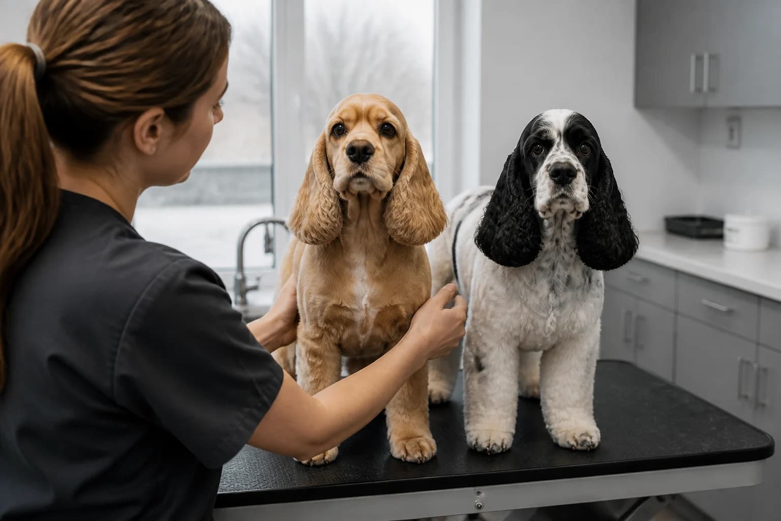 Groomer comparing practical pet trims on one English and one American Cocker Spaniel