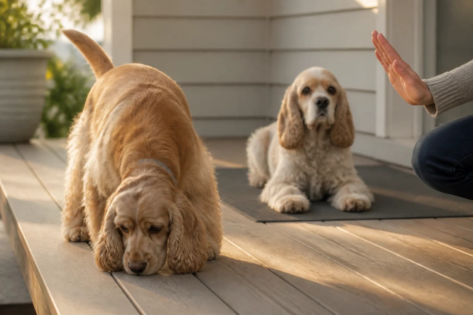 English Cocker Spaniel scenting outdoors while American Cocker Spaniel practices a calm household cue nearby
