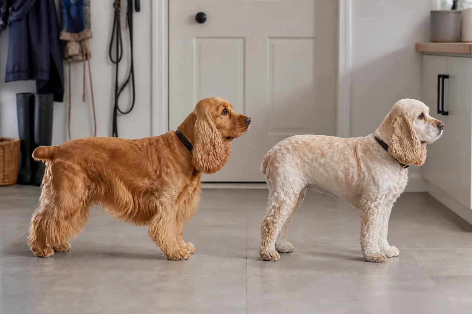 English Cocker Spaniel and American Cocker Spaniel standing at the same distance from the camera for a fair body comparison