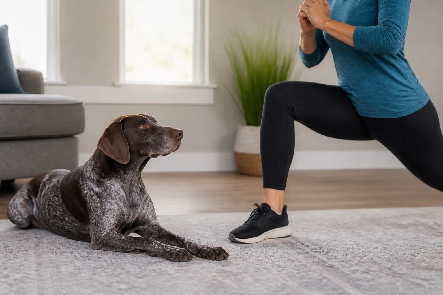 GSP relaxing indoors beside an active owner