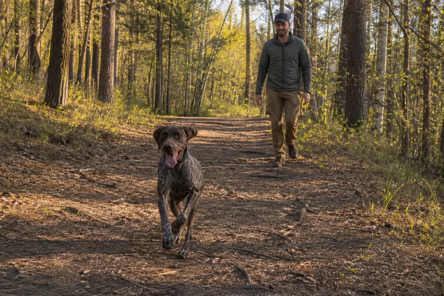 GSP running on a wooded trail with a handler