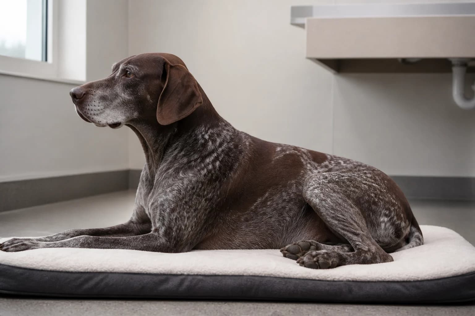 Senior GSP resting after a veterinary wellness visit