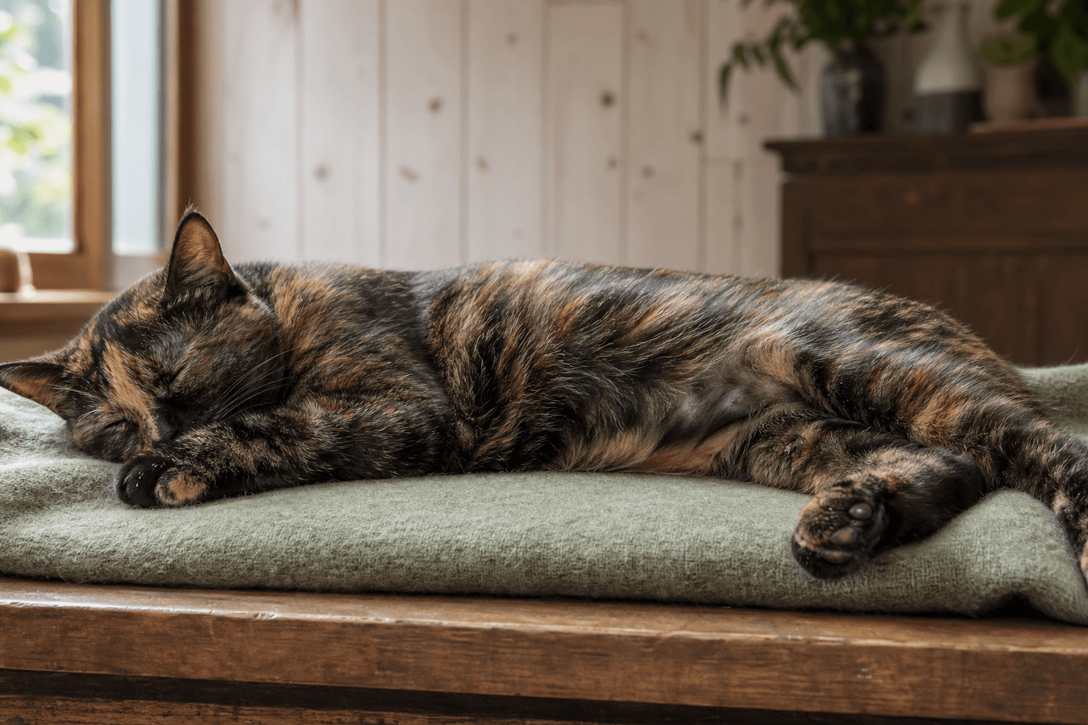 Tortoiseshell cat sleeping on its side with the flank clearly visible.