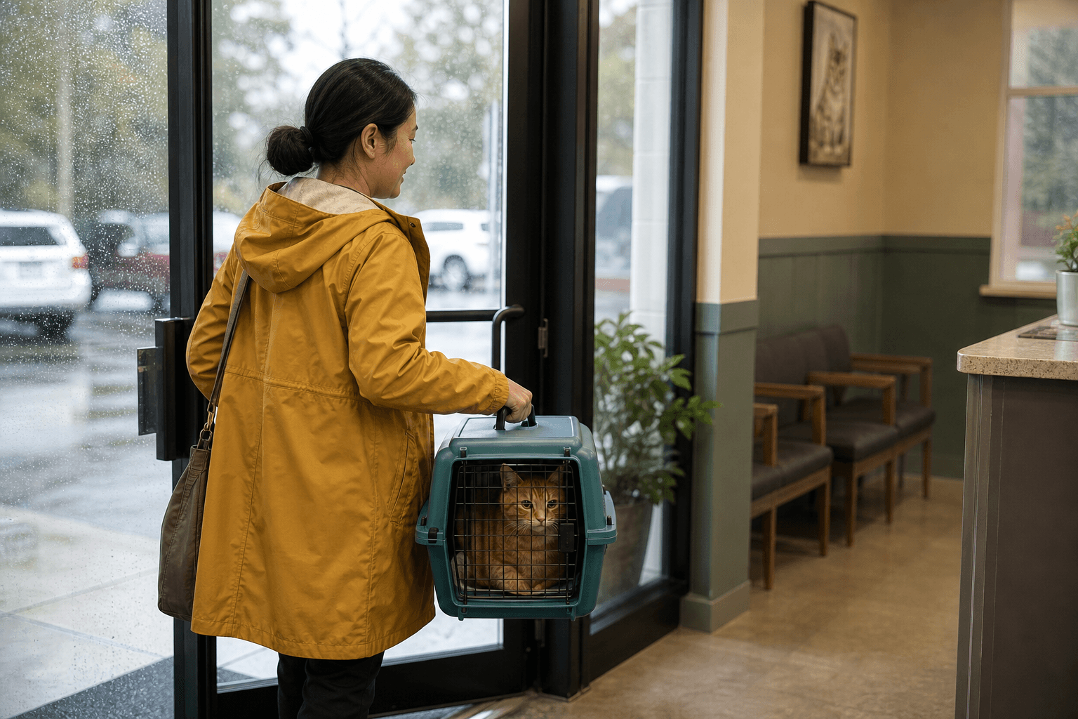 Owner arriving at a veterinary clinic with an orange tabby in a secure carrier.