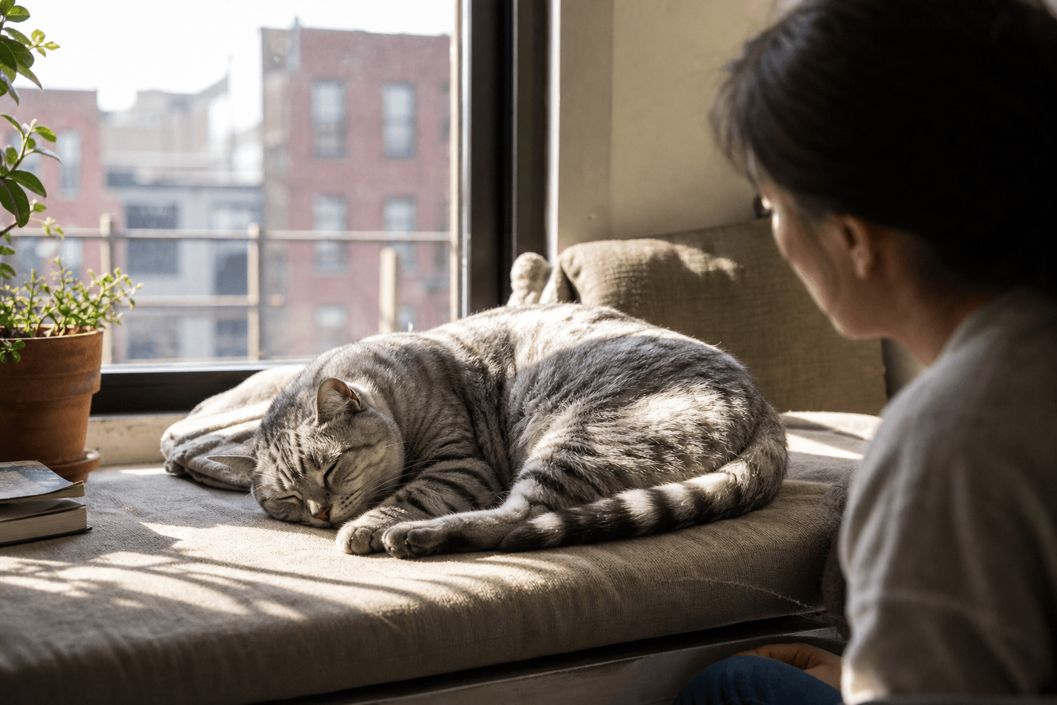 Silver tabby sleeping on a sunlit window seat while an owner observes.