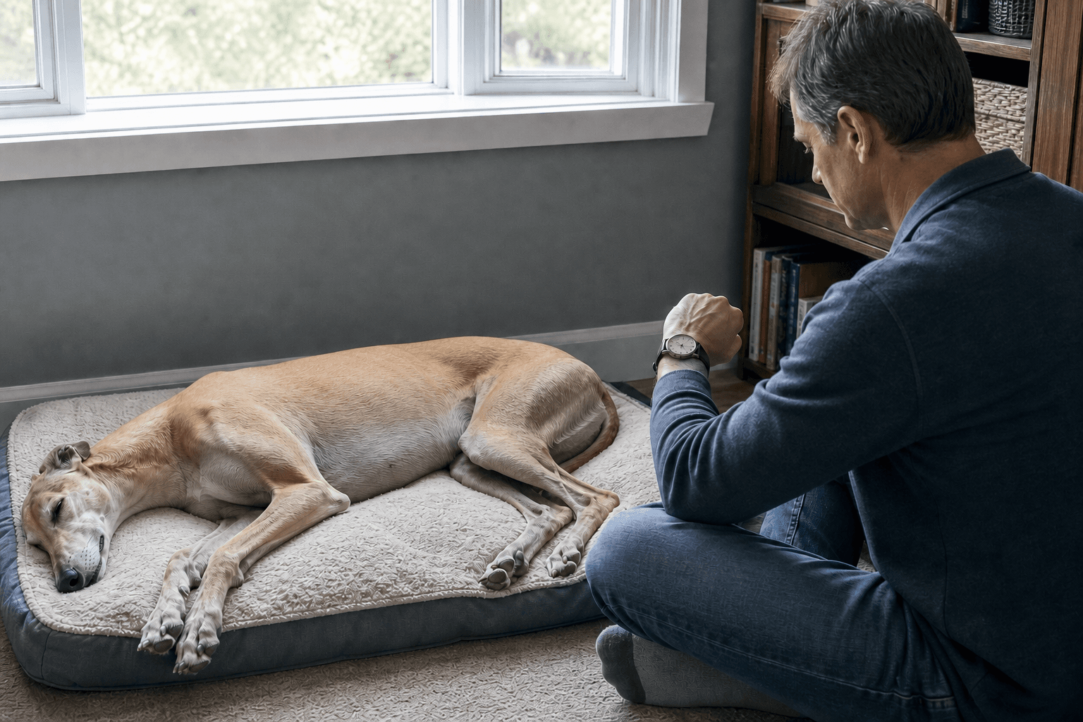 Relaxed Greyhound sleeping while an owner times chest movement with a wristwatch.