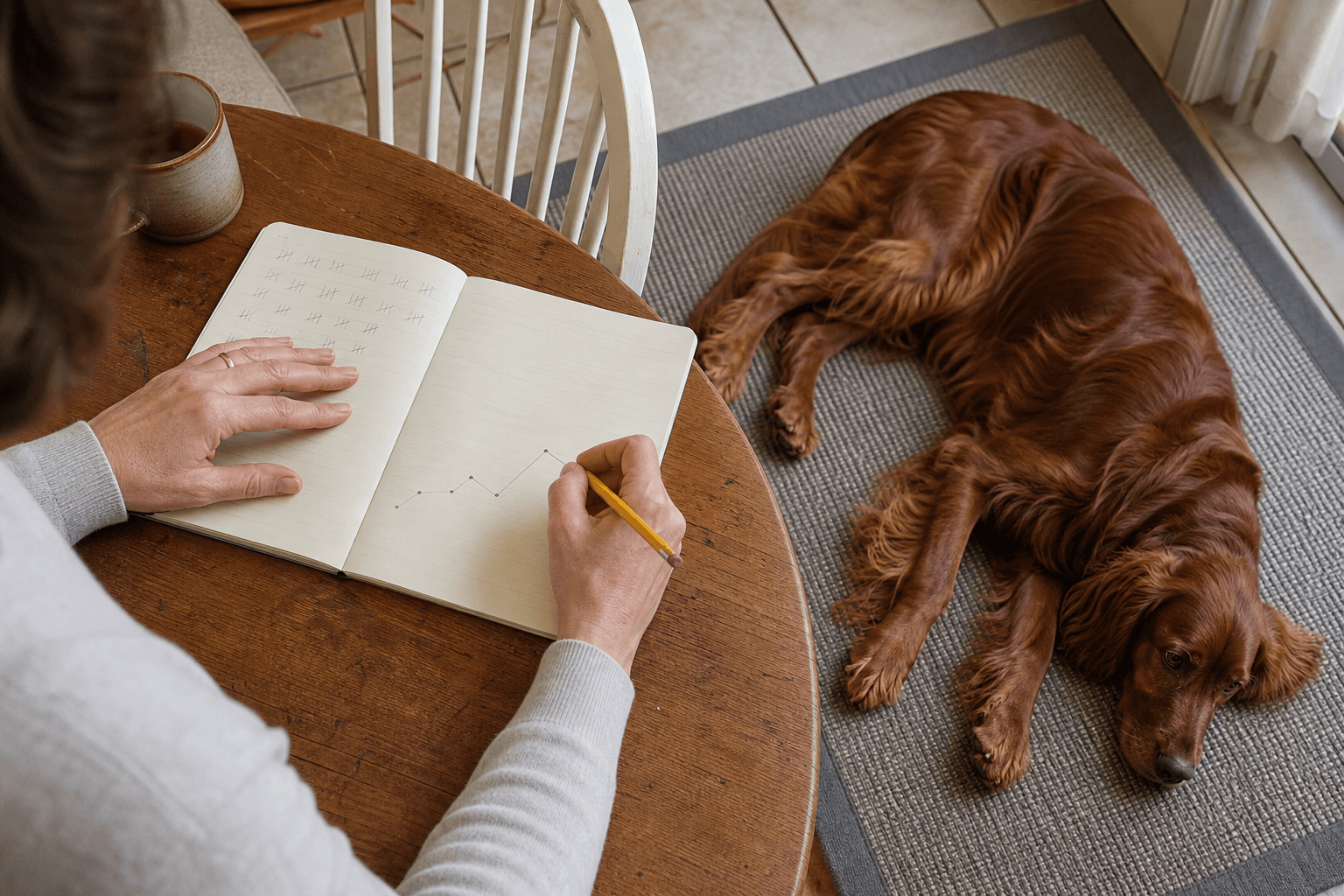 Owner recording repeat resting respiratory measurements beside a calm dog.