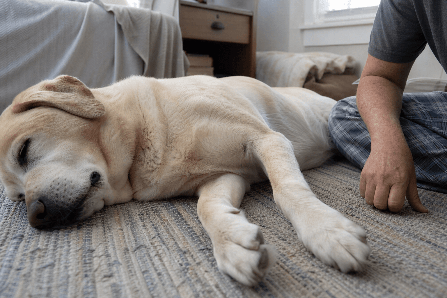 Older Labrador sleeping comfortably while an owner watches the dog’s breathing.