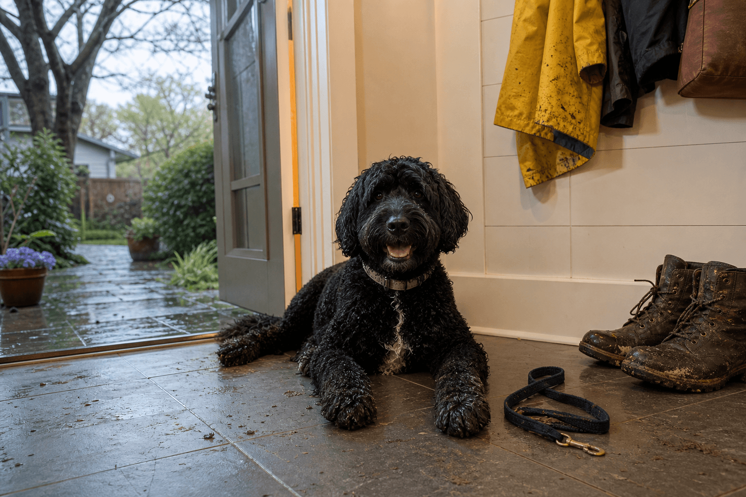 Wet Portuguese Water Dog resting in a mudroom after a rainy walk.