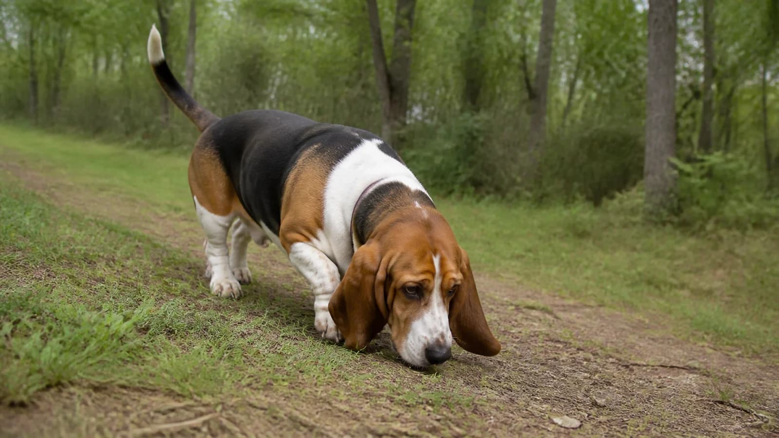 Basset Hound following a scent trail with nose low in a safe grassy field