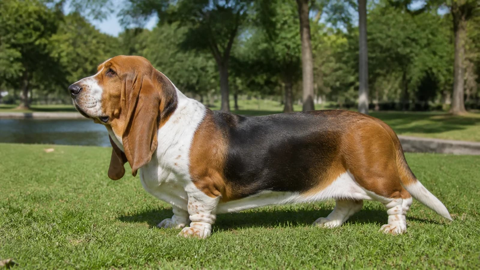 Side-profile adult Basset Hound showing long ears, low build and substantial body