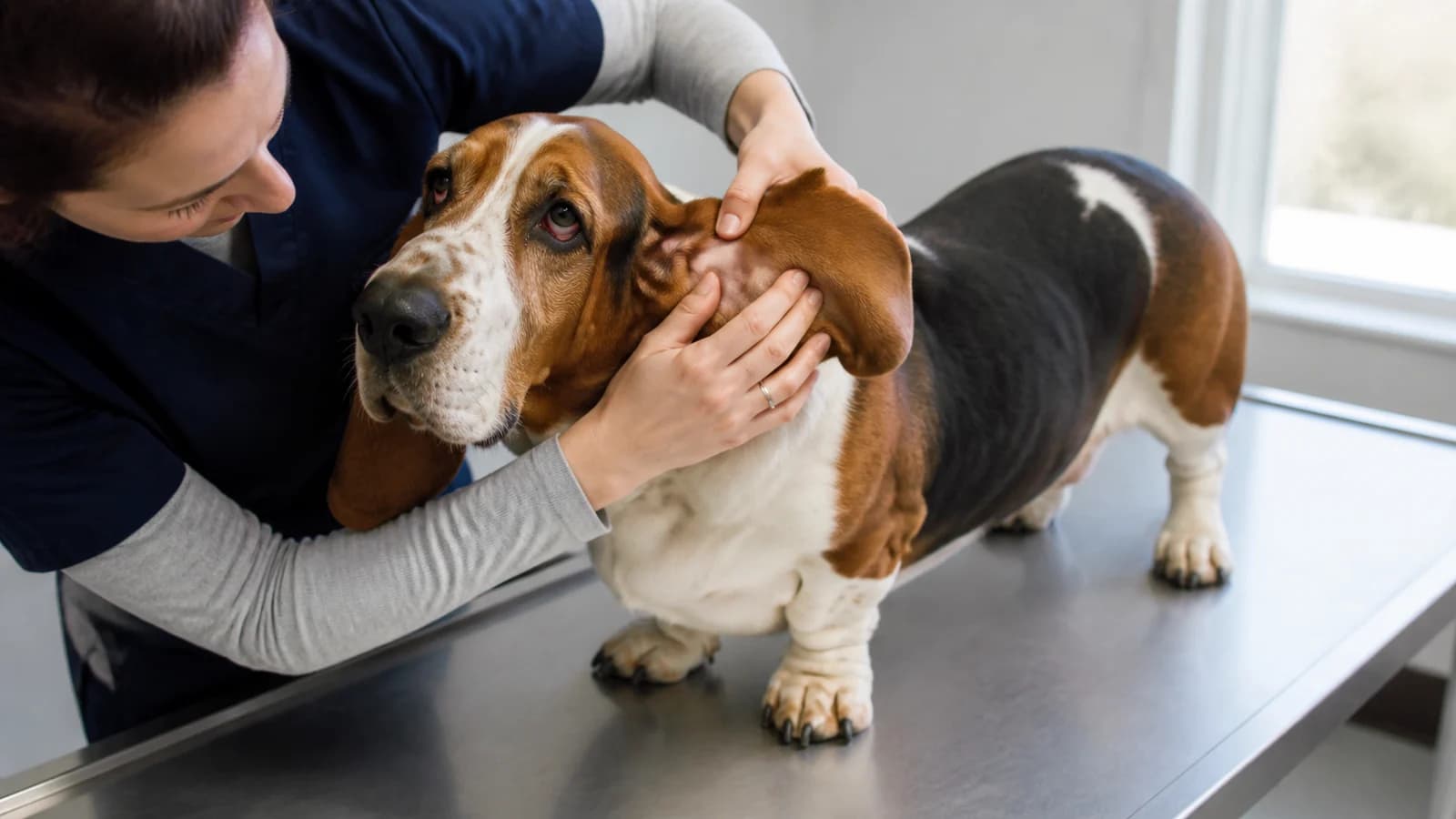 Owner gently inspecting a Basset Hound ear in a calm home-care setting