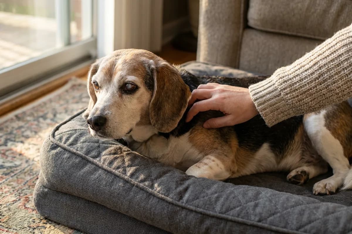 A grey-muzzled senior beagle rests on a quilted grey dog bed while her owner's hand steadies her shoulder.