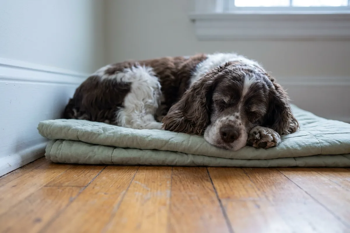 A senior chocolate-and-white cocker spaniel sleeps curled on a folded sage quilt on a hardwood floor.