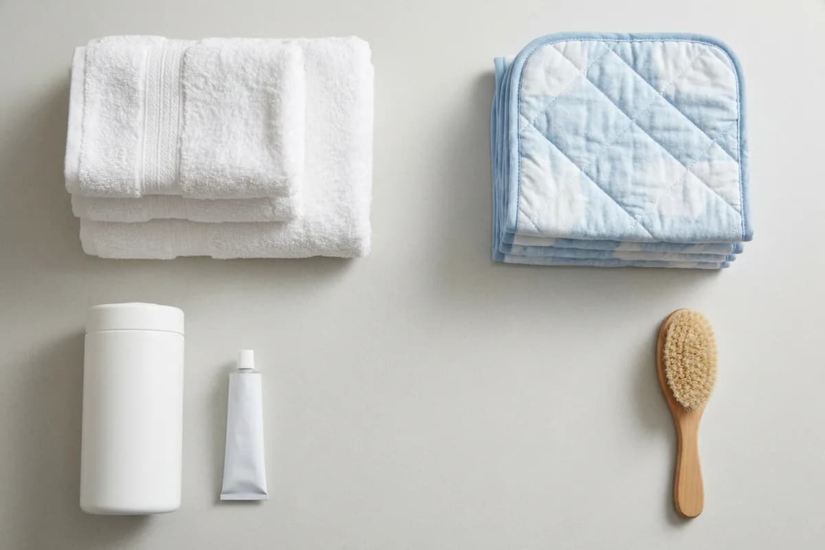 Folded white towels, quilted washable pads, a plain wipes canister, an ointment tube, and a brush on a counter.
