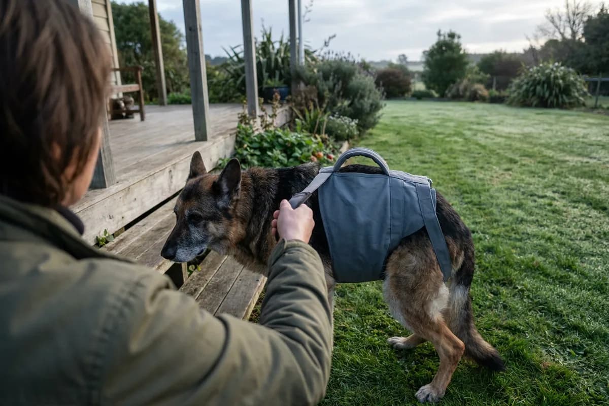 An owner uses a plain grey rear-lift harness to support a senior German shepherd down a porch step.