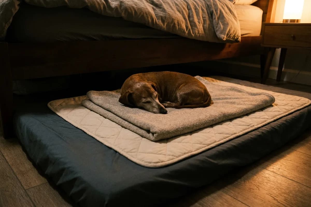 A senior dachshund sleeps on a three-layer floor bed of waterproof sheet, washable pad, and soft blanket.