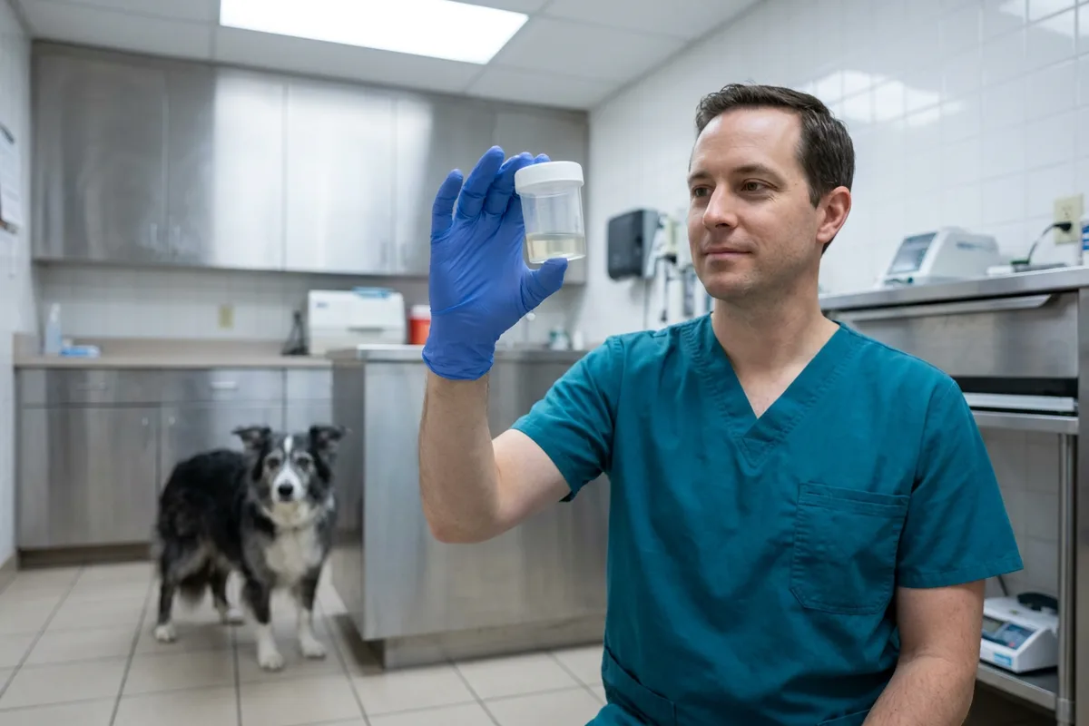 A veterinarian in teal scrubs holds up a clear sterile sample container as an older border collie waits.