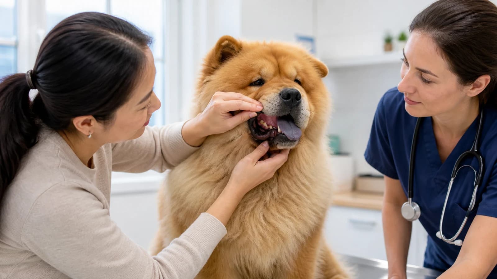 Owner gently checking a Chow Chow normal blue-black tongue and gums while a veterinarian observes