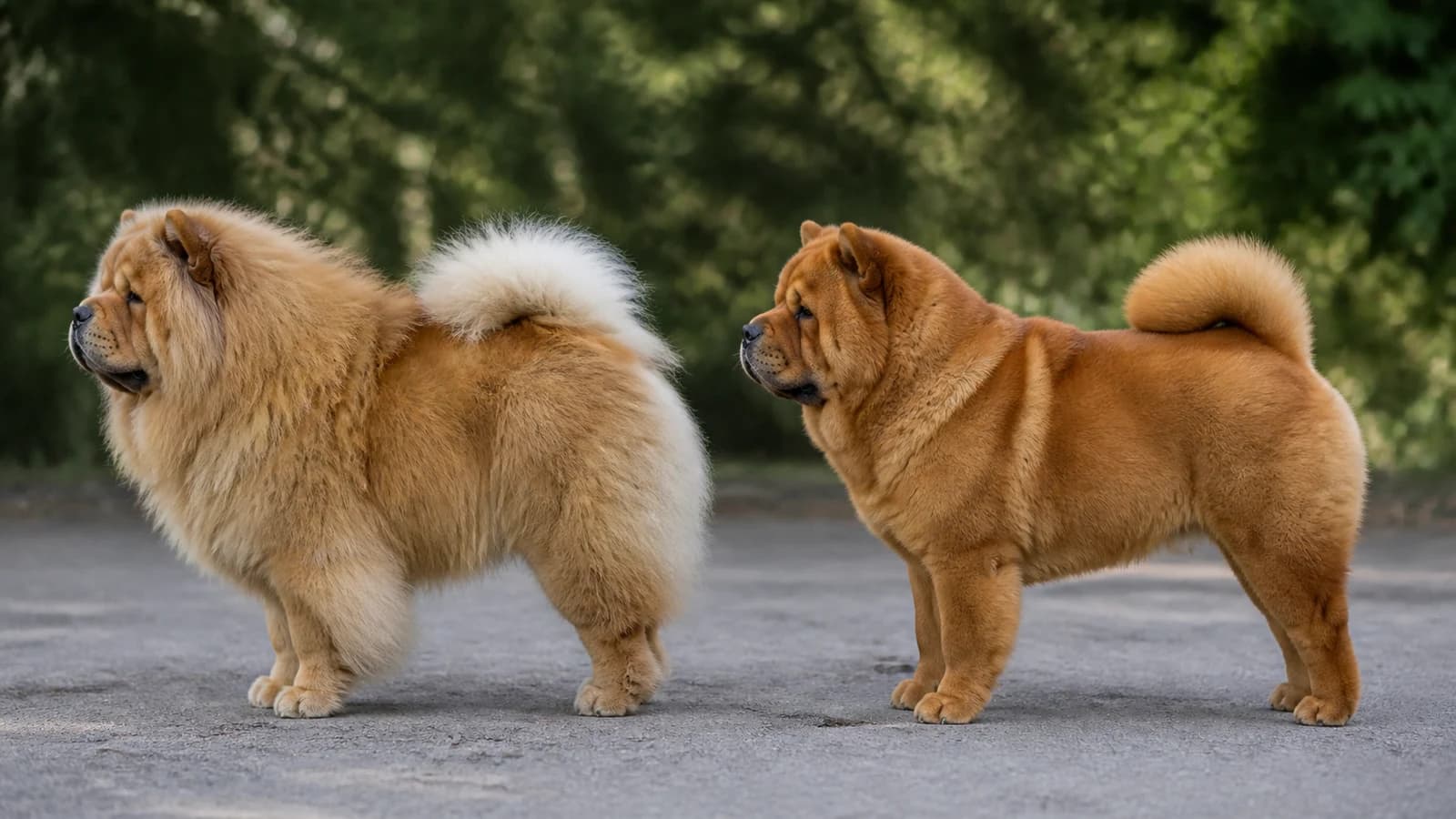Rough-coat and smooth-coat red Chow Chows standing side by side in profile