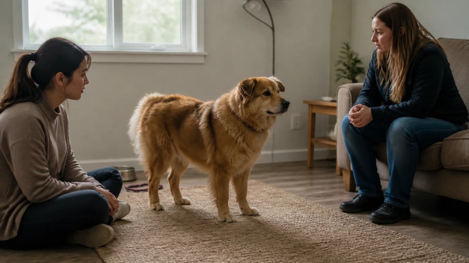 Adult Chow-type mixed-breed dog meeting a prospective adopter and foster volunteer in a quiet room