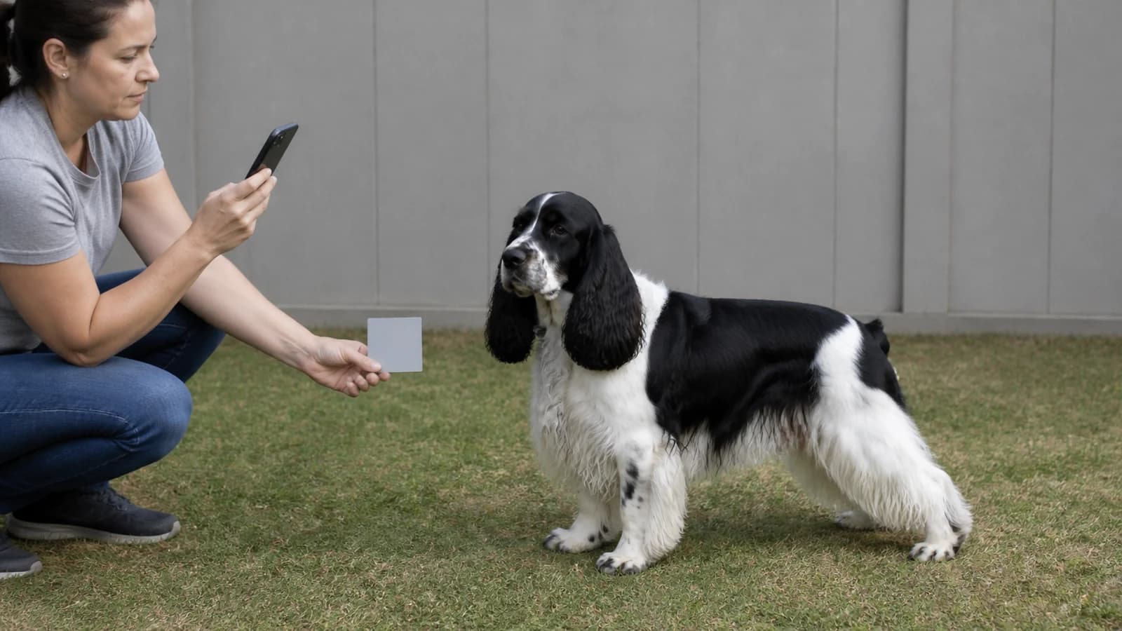 Owner photographing a black-and-white parti Cocker Spaniel in neutral daylight with a gray reference card