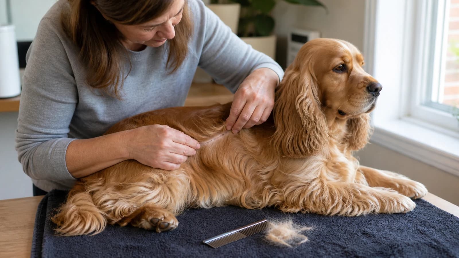 Owner inspecting a Cocker Spaniel feathering beside a comb and a small amount of loose hair on a dark towel