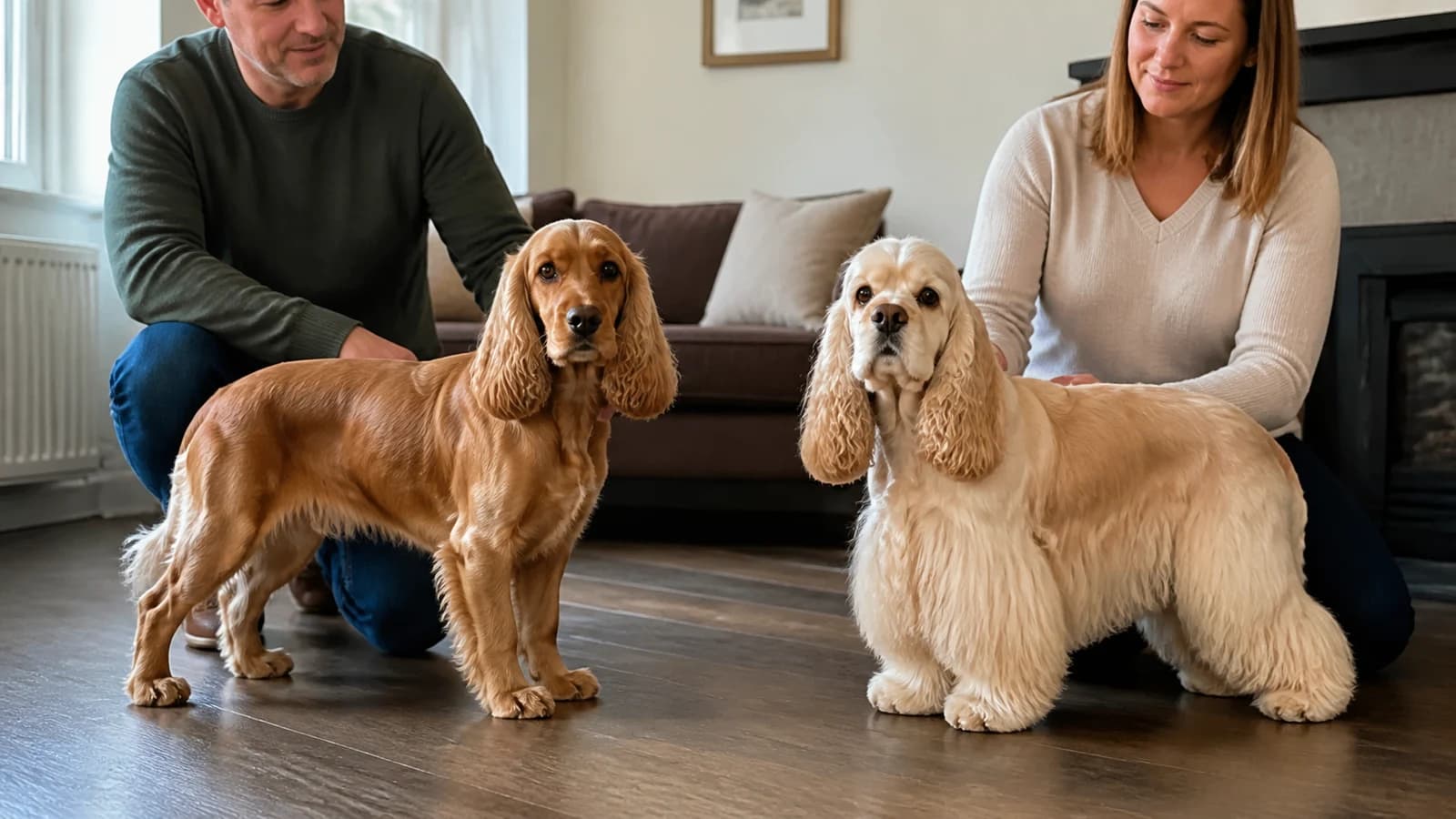 English and American Cocker Spaniels standing with their owners in the same living room