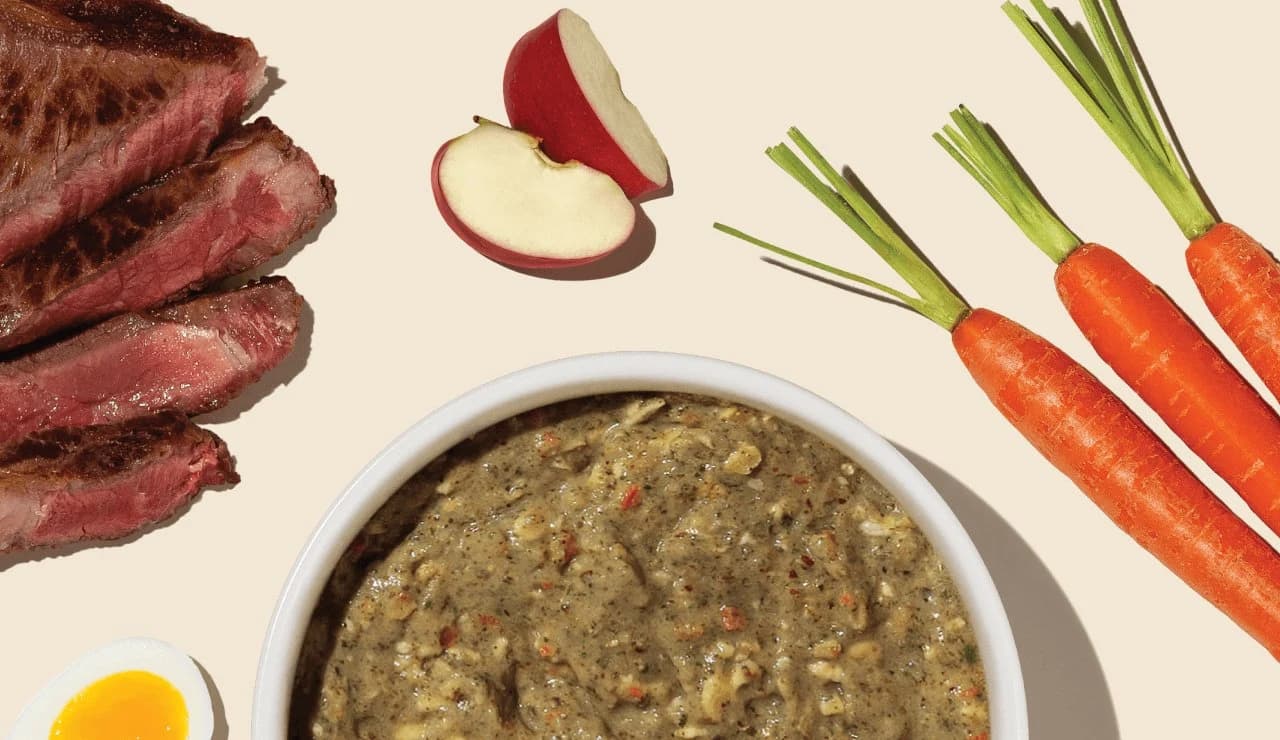 A prepared bowl of dehydrated dog food surrounded by meat, carrots, apple, and egg