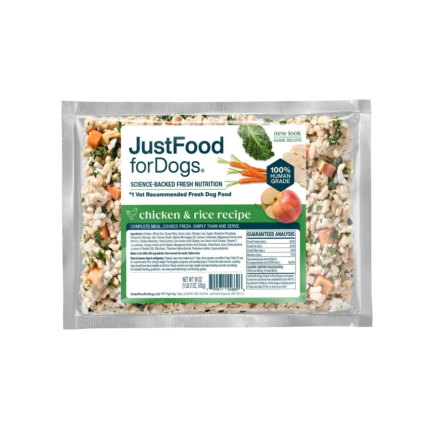 Just Food For Dogs Fresh Frozen Chicken & Rice recipe shown in its frozen package, made from human-grade chicken, brown rice, and whole-food ingredients