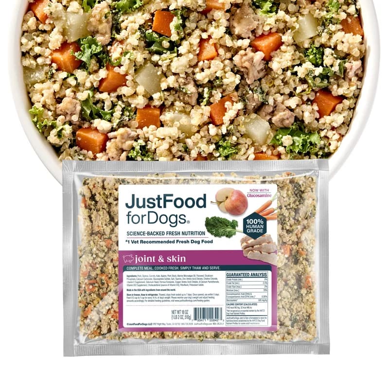 JustFoodForDogs targeted Fresh Frozen Joint and Skin Support recipe packaging