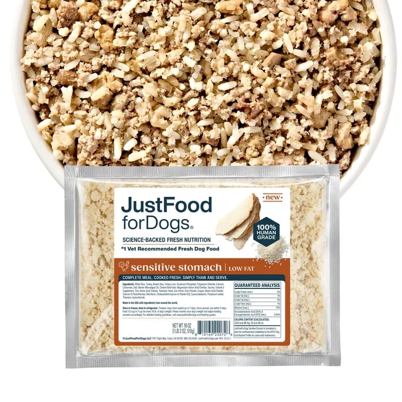 JustFoodForDogs Sensitive Stomach fresh frozen recipe with ground turkey and rice