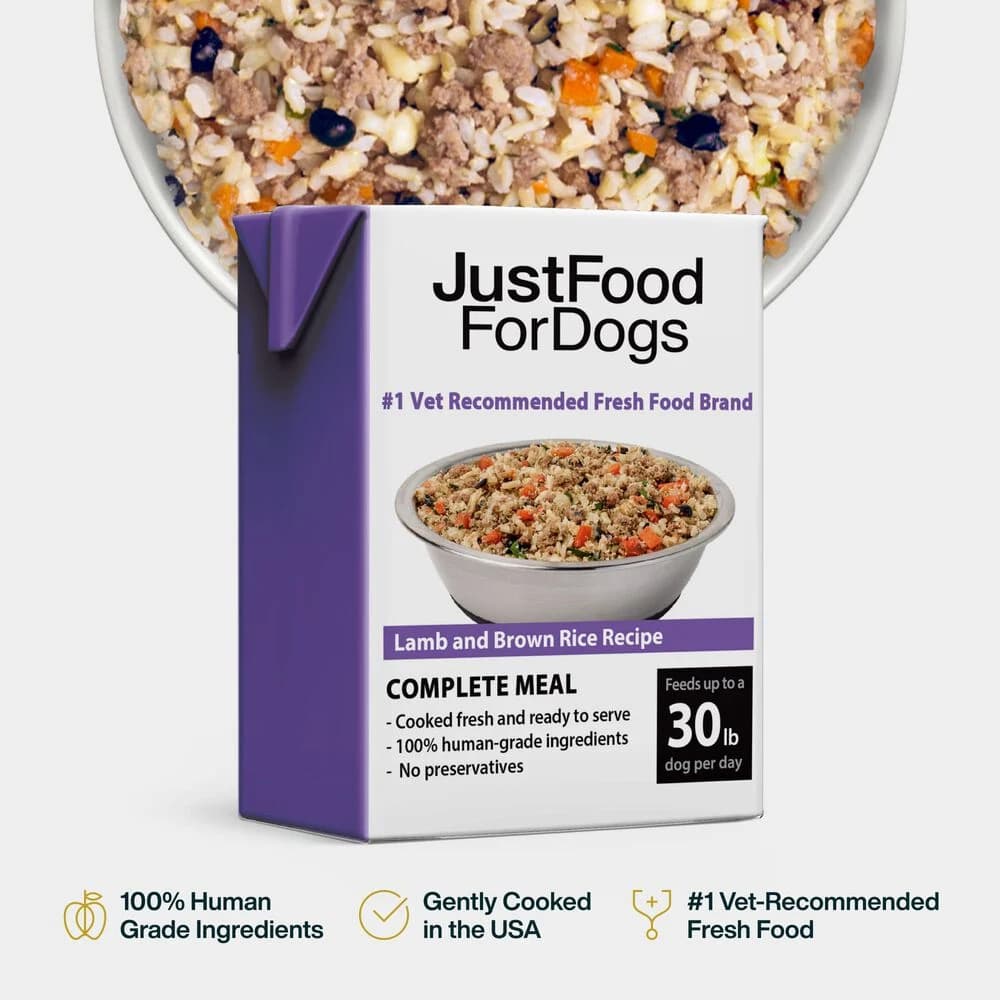 JustFoodForDogs Pantry Fresh Lamb and Brown Rice shelf-stable carton