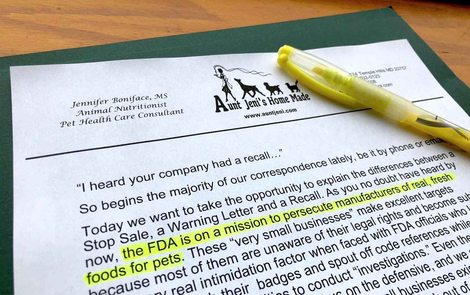 Aunt Jeni's Home Made warning letter February 2020