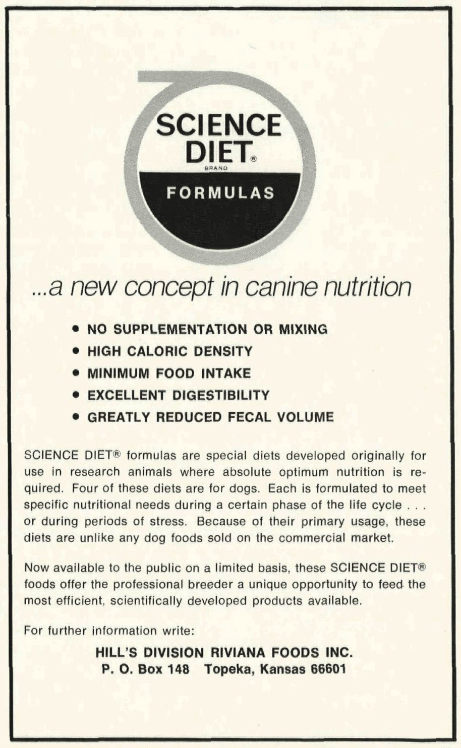 Science Diet ad from Animal Cavalcade magazine, March/April 1973.
